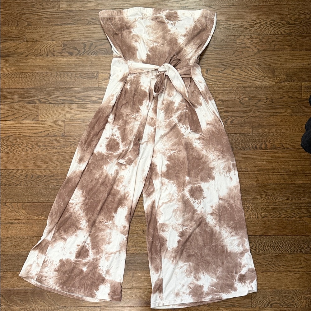 Almost Famous Strapless Tie-Waist Wide-Leg Jumpsuit in Brown and White Tie-Dye
